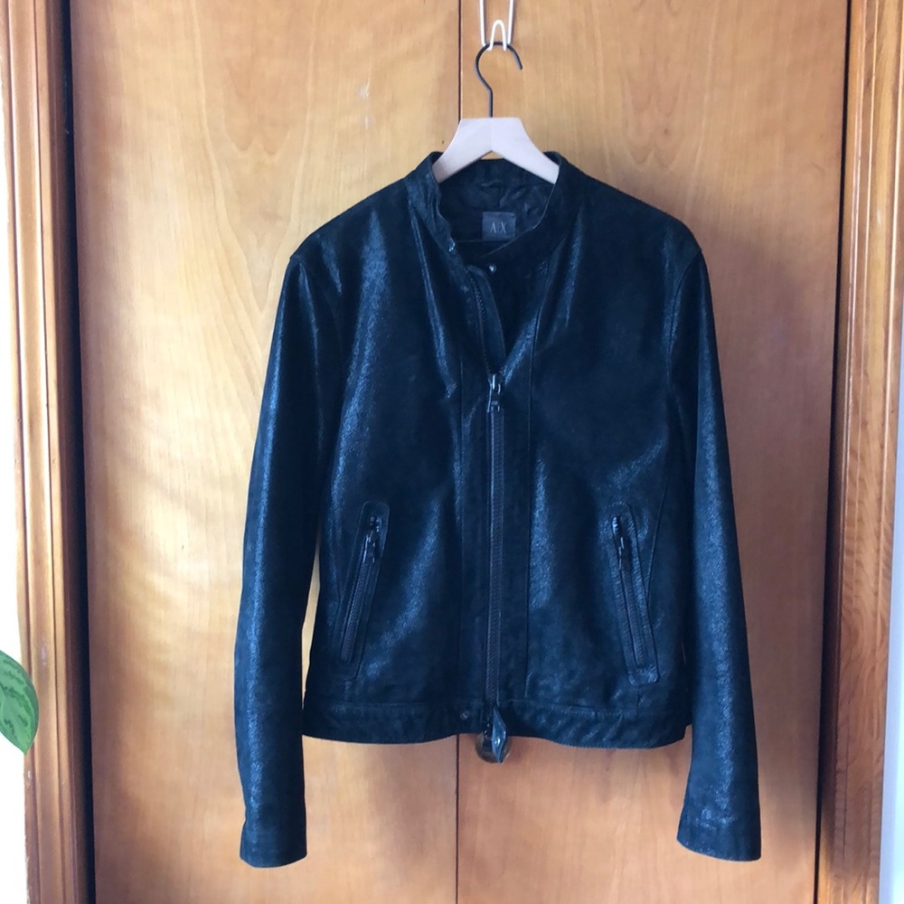 A|X Armani Exchange Black Sparkle Leather Motorcycle Jacket M